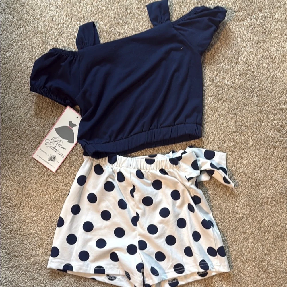 Rare Editions Off-the-Shoulder Navy Tank Top & Large-Dot Shorts Set